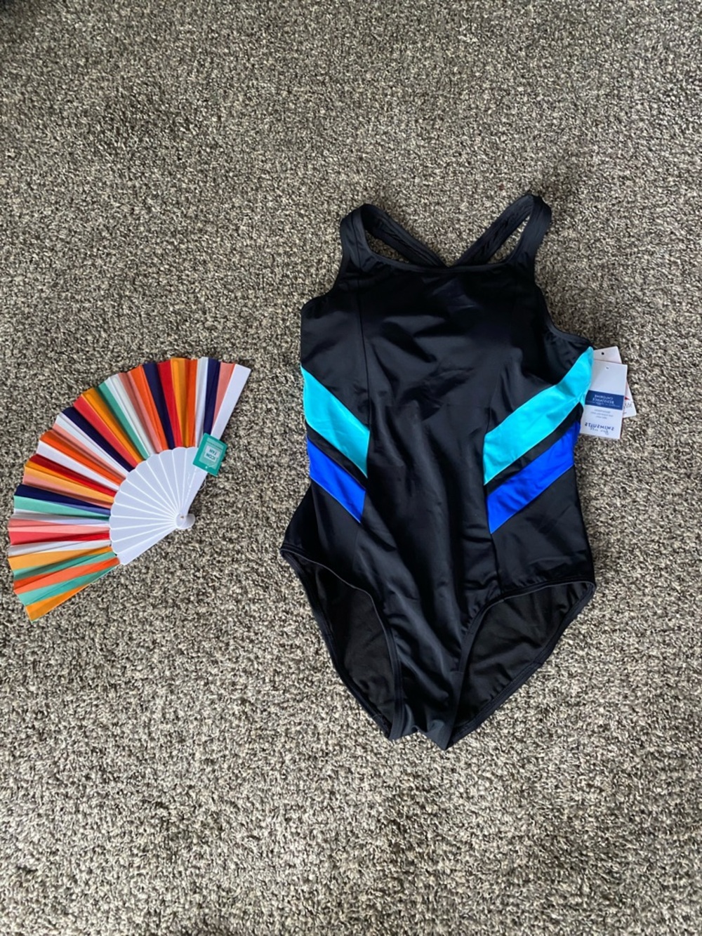 Swimsuits For All Black One-Piece Swimsuit with Teal and Royal Blue Panels